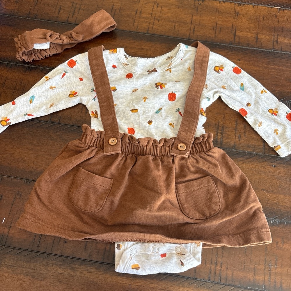 Baby Fall Thanksgiving Bodysuit with Brown Suspender Skirt and Headband